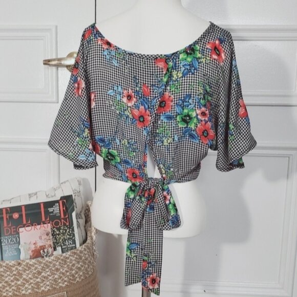 Betsey Johnson Vintage Gingham Floral Tie Back Kimono Raglan Sleeved Top- NWT - Picture 2 of 15